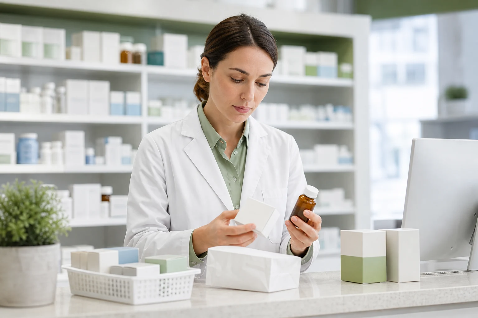 A pharmacist carefully preparing an order